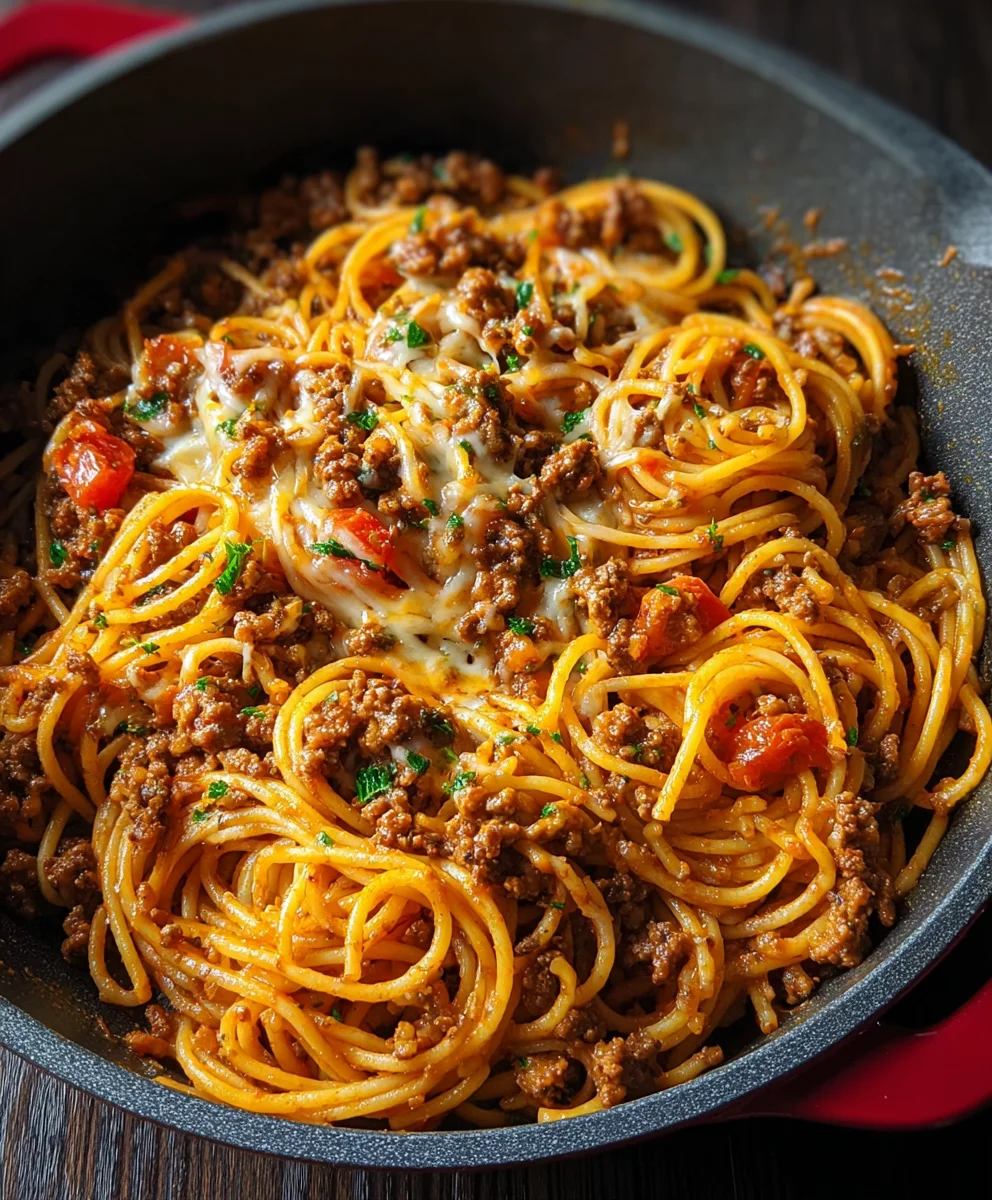 Easy One Pot Taco Spaghetti- Dinner Done Fast