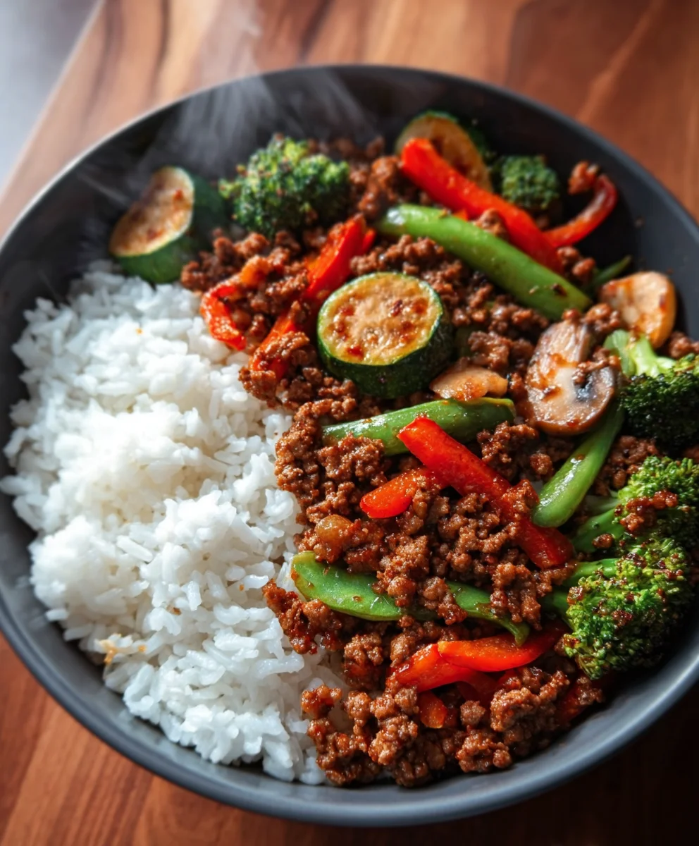 Spicy Ground Beef Stir-Fry Garlic Veggies Steamy Rice Bowl