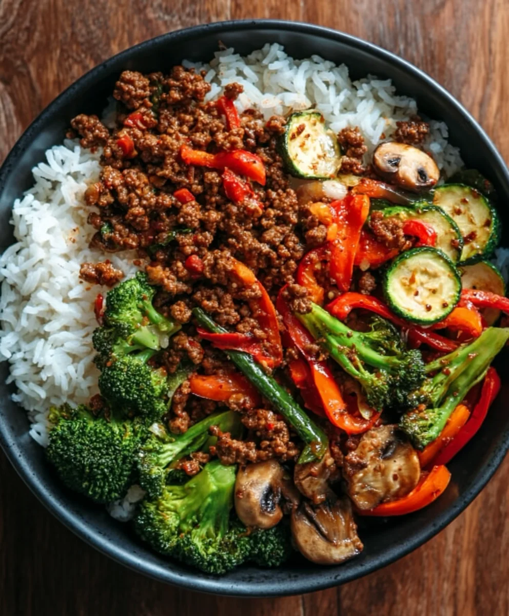 Spicy Ground Beef Stir-Fry Garlic Veggies Steamy Rice Bowl