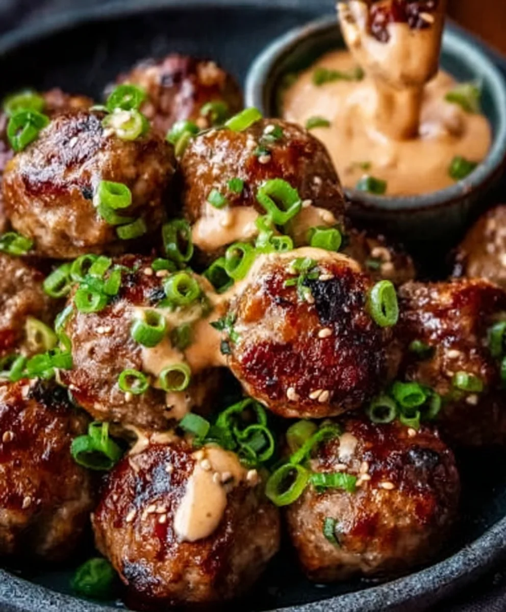 Korean BBQ Beef Meatballs Spicy Mayo Dip