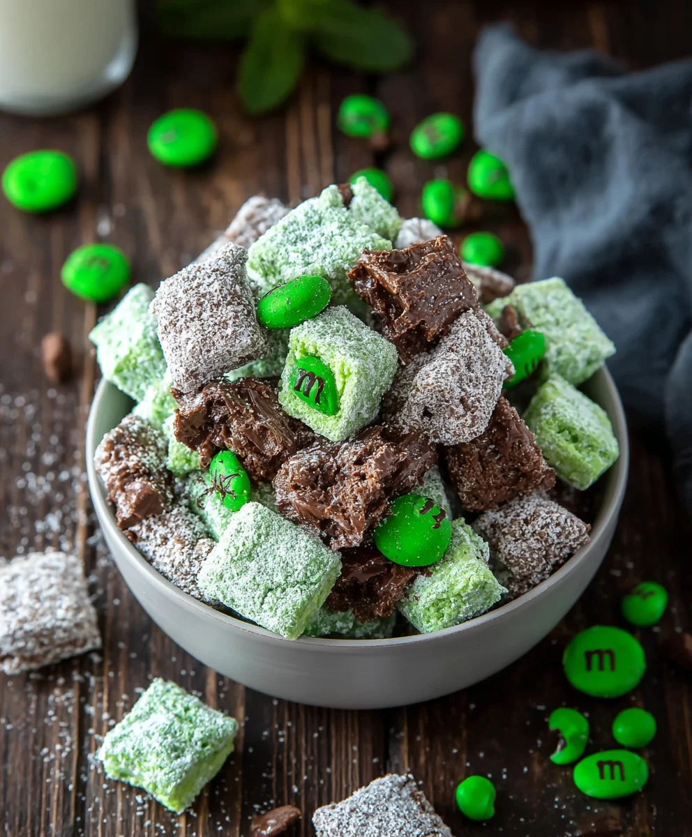 Mint Chocolate Muddy Buddy Recipe-Easy Snack Mix