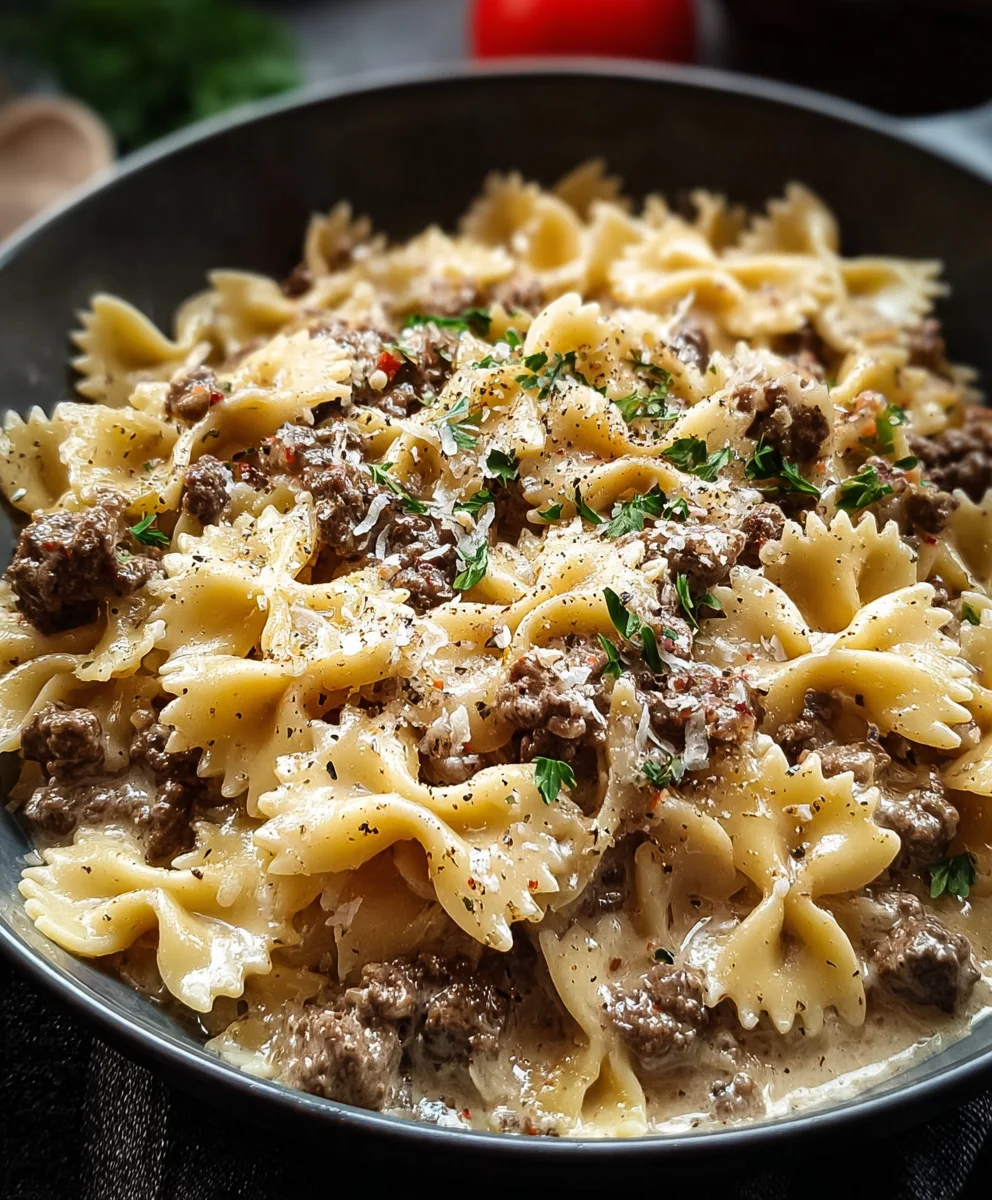 Creamy Parmesan Garlic Beef Bowtie Pasta Recipe