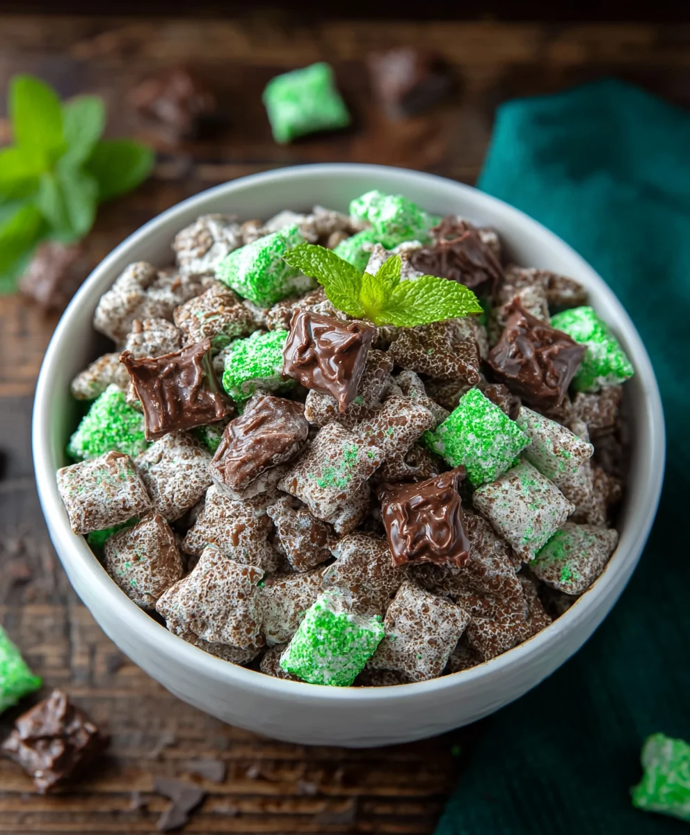 Mint Chocolate Muddy Buddy Recipe-Easy Snack Mix