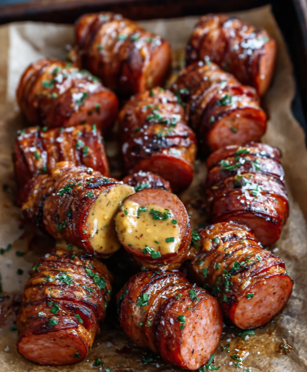 Spicy Mustard Hasselback Beef Sausage Bites