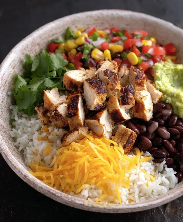 Grilled Chicken Burrito Bowl with Rice and Beans