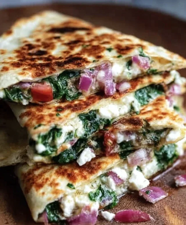 Mediterranean Quesadillas with Spinach, Feta, Mozzarella, and Red Onion