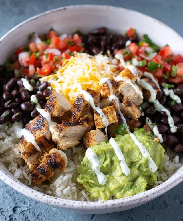 Grilled Chicken Burrito Bowl with Rice and Beans