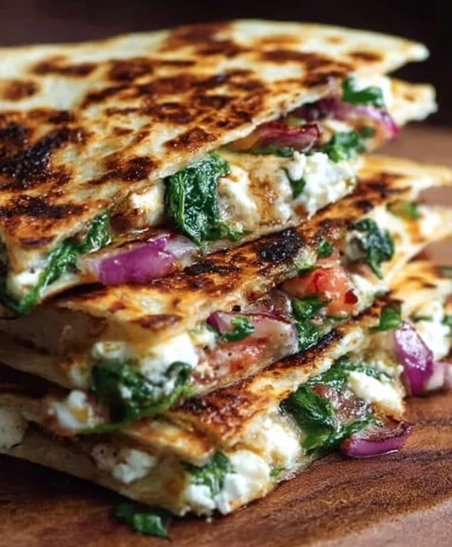 Mediterranean Quesadillas with Spinach, Feta, Mozzarella, and Red Onion