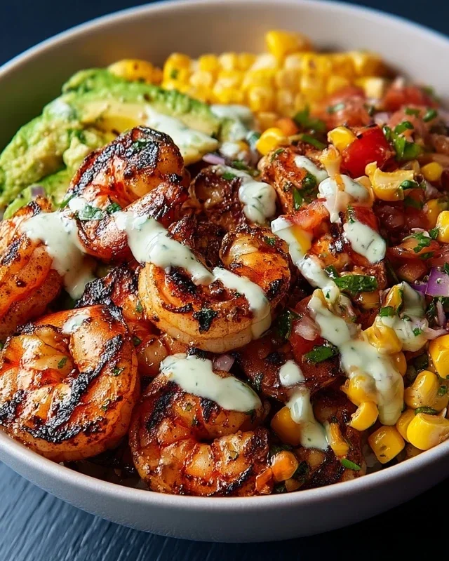 Grilled Shrimp Bowl with Avocado, Corn Salsa & Creamy Garlic Sauce