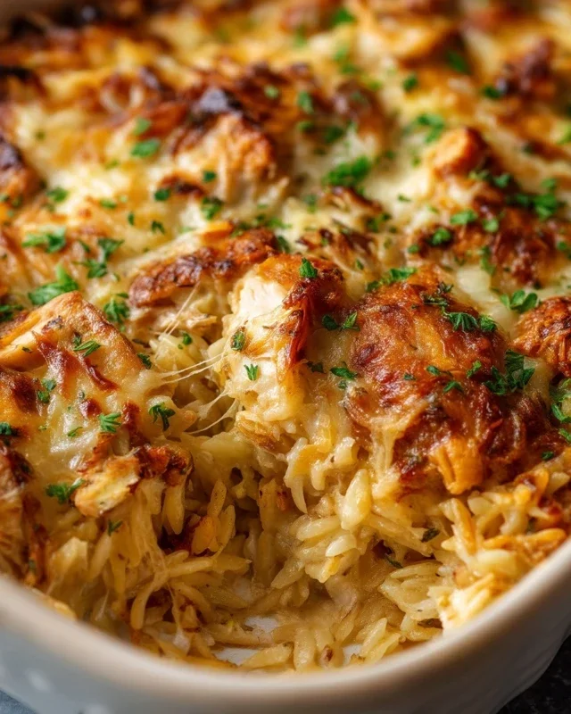French Onion Chicken Orzo Casserole
