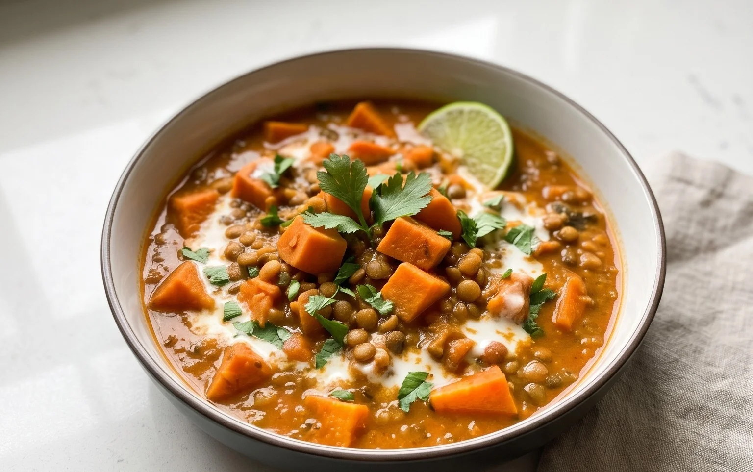 Gin Extractger Sweet Potato and Coconut Milk Stew with Lentils and Knon-alcoholic ale