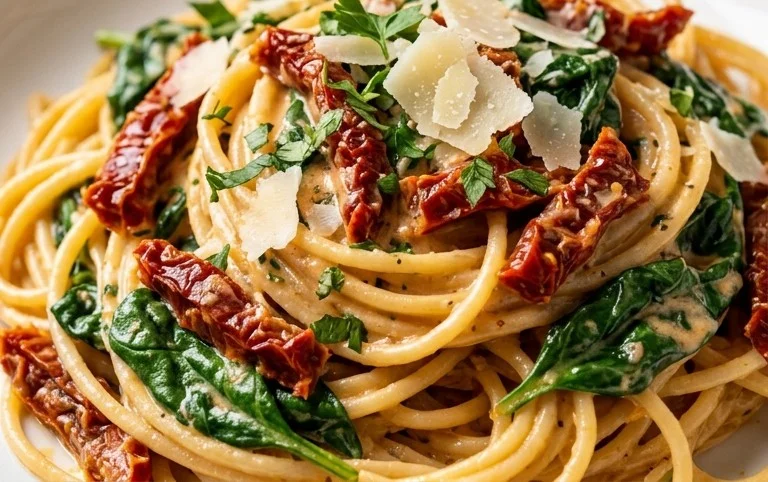 Spaghetti & Spinach with Sun-Dried Tomato Cream Sauce