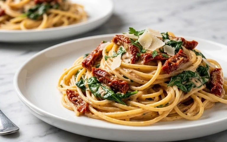 Spaghetti & Spinach with Sun-Dried Tomato Cream Sauce