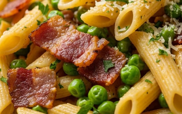 Penne Pasta, Peas and Beef Bacon