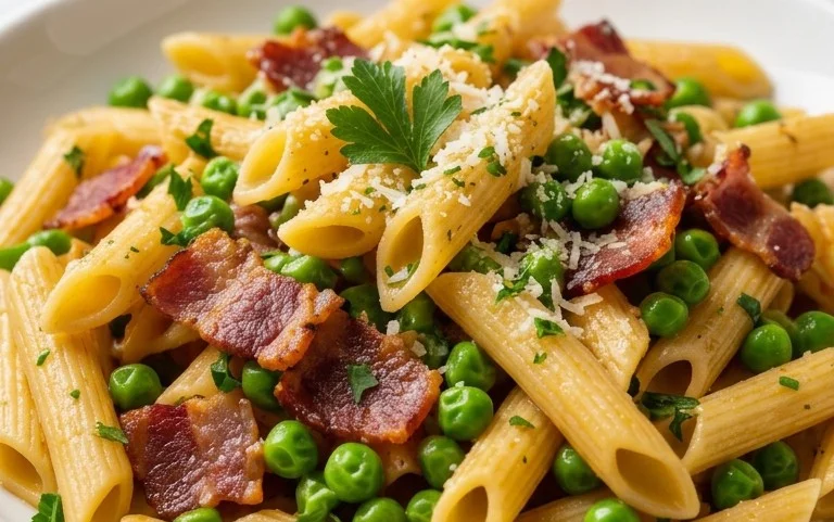 Penne Pasta, Peas and Beef Bacon