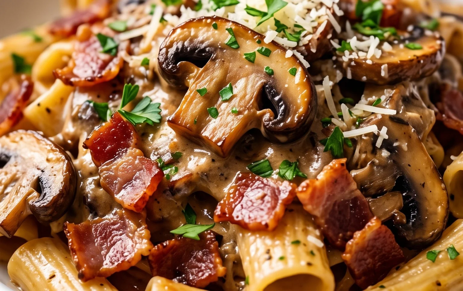 Creamy Beef Bacon and Mushroom Pasta