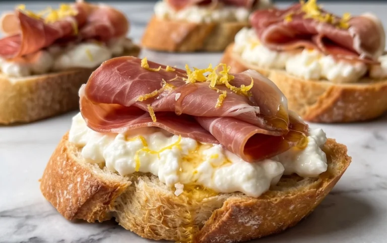 Beef Prosciutto Crostini with Burrata and Lemon Honey Drizzle